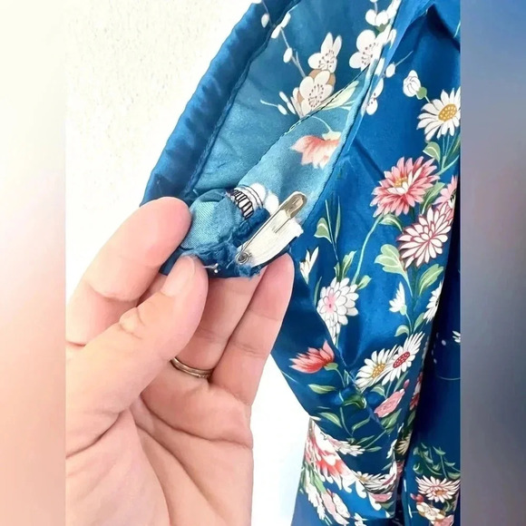 Vintage Blue Floral Satin Kimono Top & Wide Leg Pants Asian Boho 2 Piece Set - Picture 15 of 15